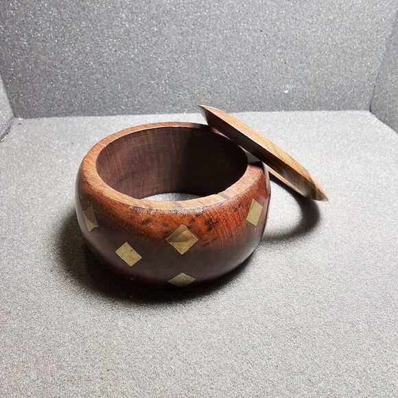 Wooden Boho Hand Made Brass Diamond Shape Inlay Cuff Bracelet Lot Of 2 Bracelets - Picture 1 of 10